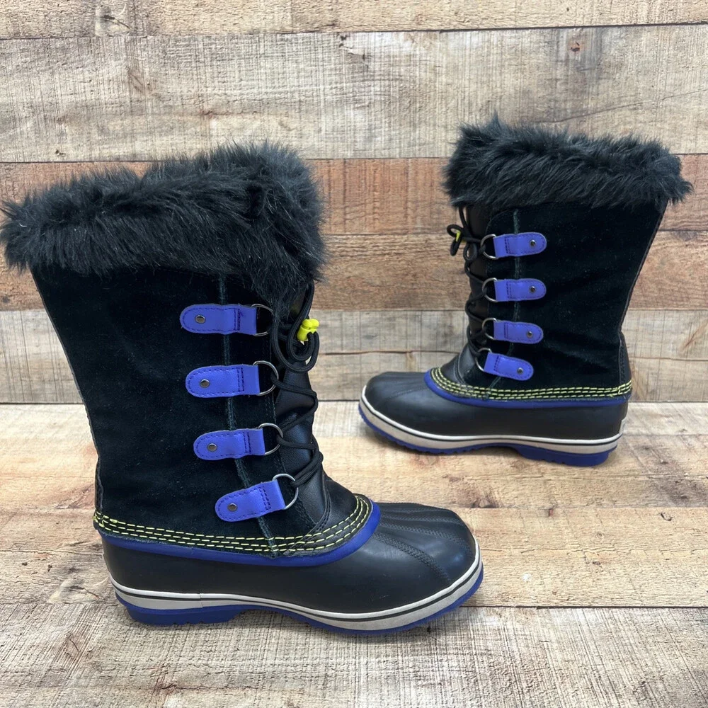 Sorel Waterproof Girls Youth Snow Boots Black/Purple Suede/Rubber Size 6 (38)